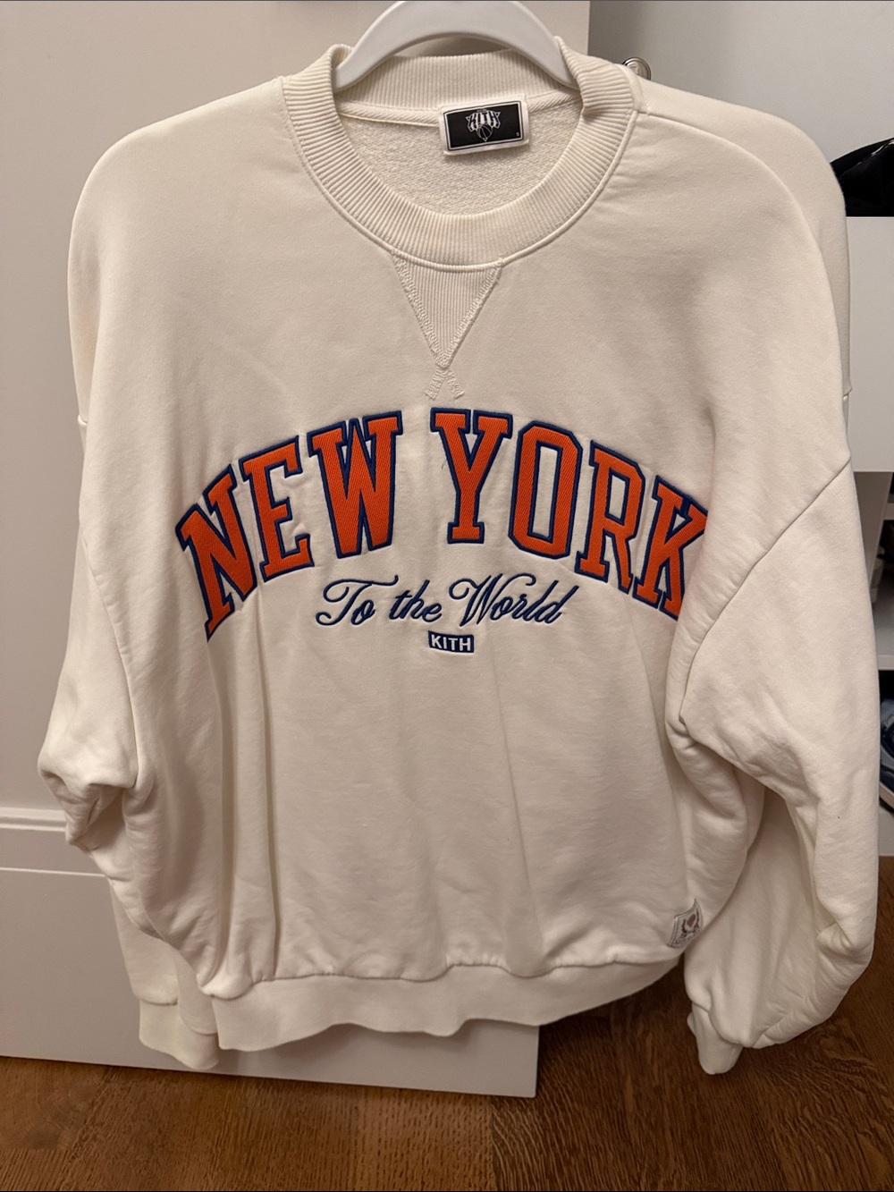 Kith Cream Crewneck Sweatshirt with Orange & Navy NEW YORK Logo